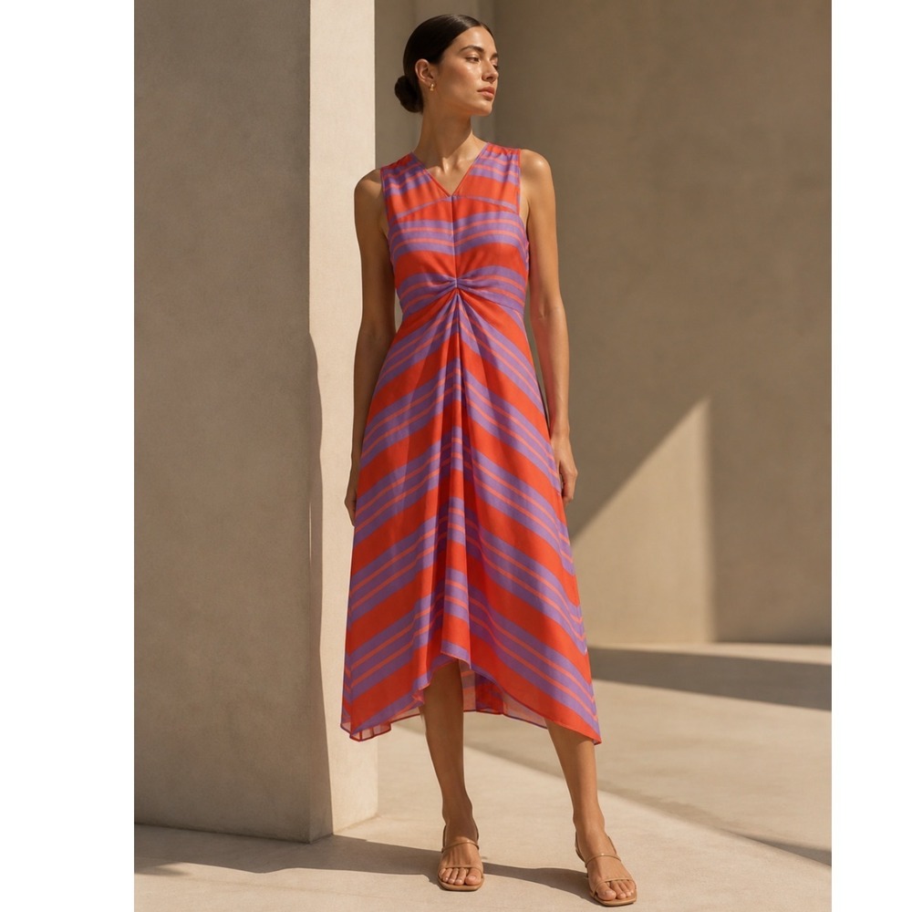 LEWIT 100% Silk Georgette Striped‎ Size 14 Midi Dress Flowy Lightweight Resort